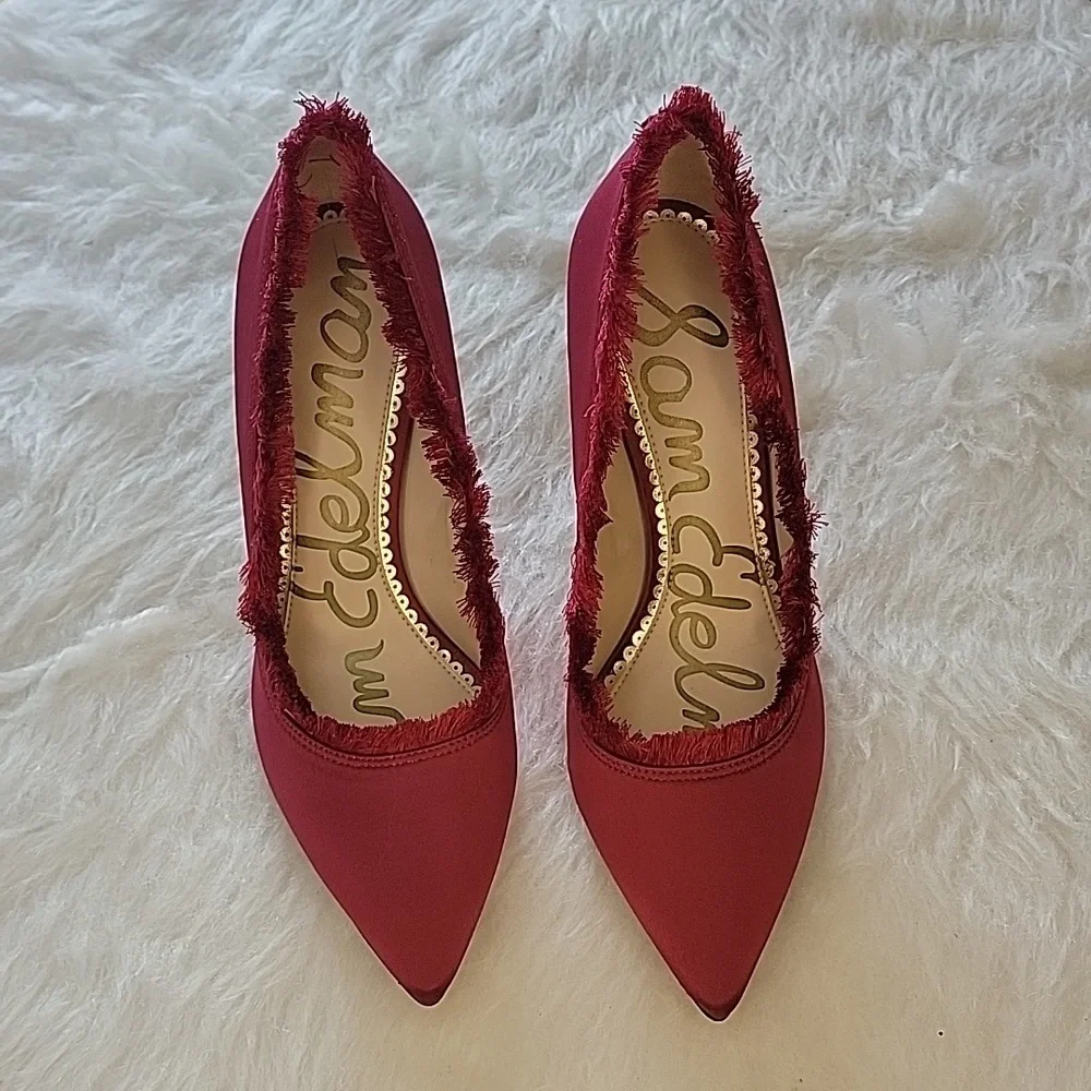 SAM EDELMAN Halan Satin Cranberry Eyelash Fringe Pointed Toe Party Formal Heel 6